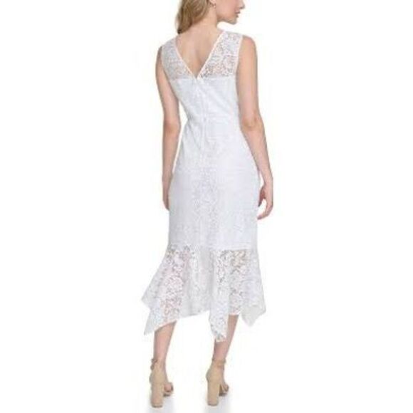 NWT Kenzie white sleeveless asymmetric midi dress,  White floral lace Size 6 - Picture 4 of 10
